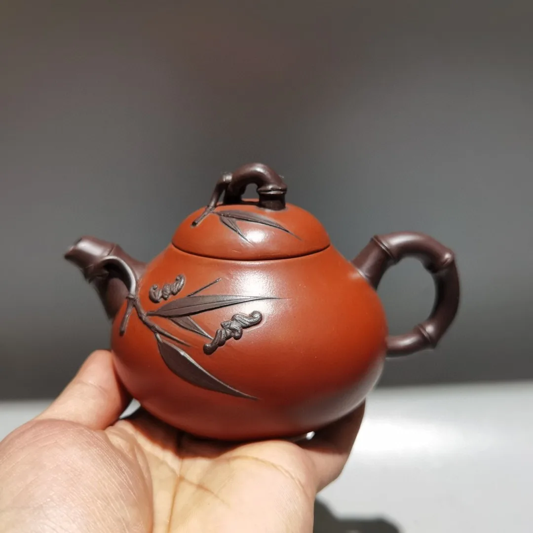 

6"Chinese Yixing Purple Clay Pot poetry Bamboo leaf pattern Teapot Melon shaped teapot Gather fortune Ornaments Town house