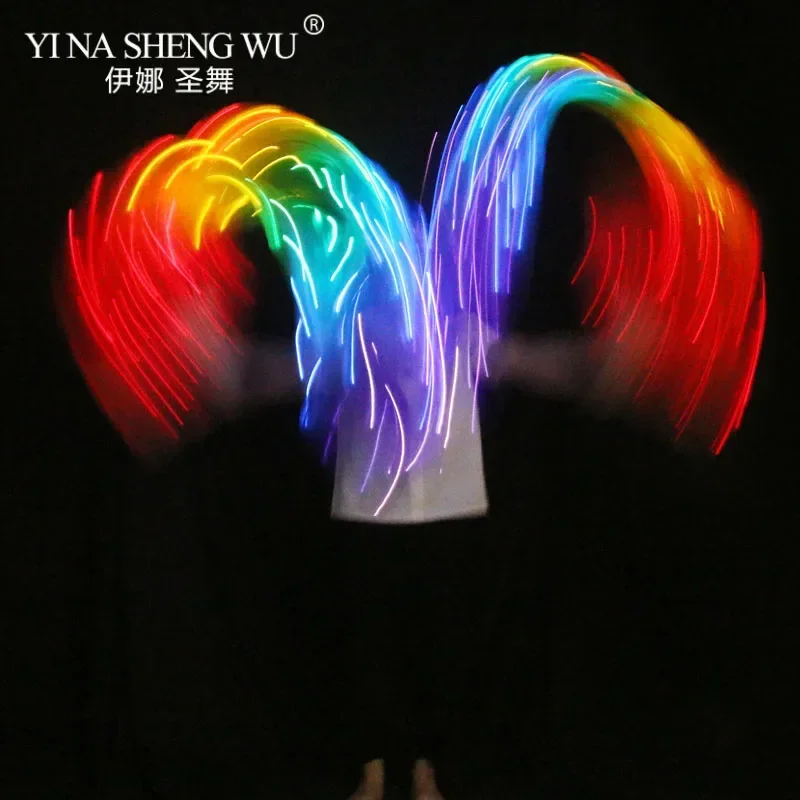 1 قطعة اليمين/اليسار الرقص الشرقي Led الحرير المشجعين 100% الحرير 180x90 سنتيمتر الأبيض قوس قزح الرقص LED المشجعين مرحلة الأداء الدعائم مع بطاريات