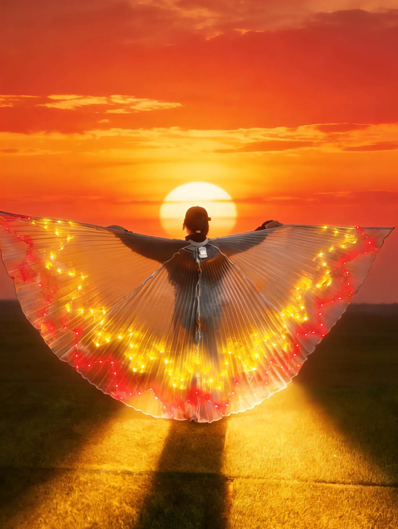 Red and yellow glowing wings, like crystals burning feathers (batteries not included in shipment).