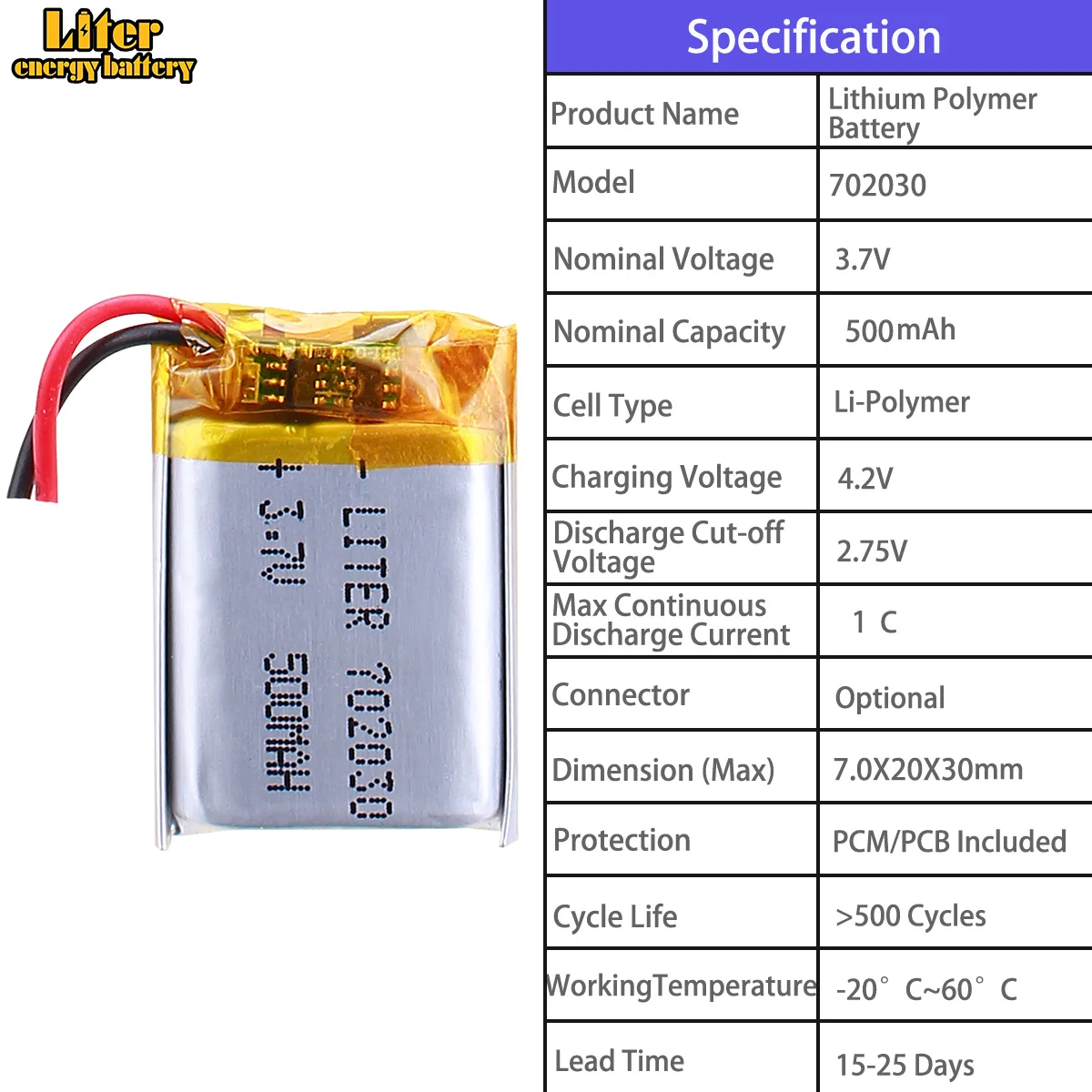 702035 500mah 702030 500mah 702040 500mah 702045 700mah 702080 1500mah 3.7V polymer lithium battery
