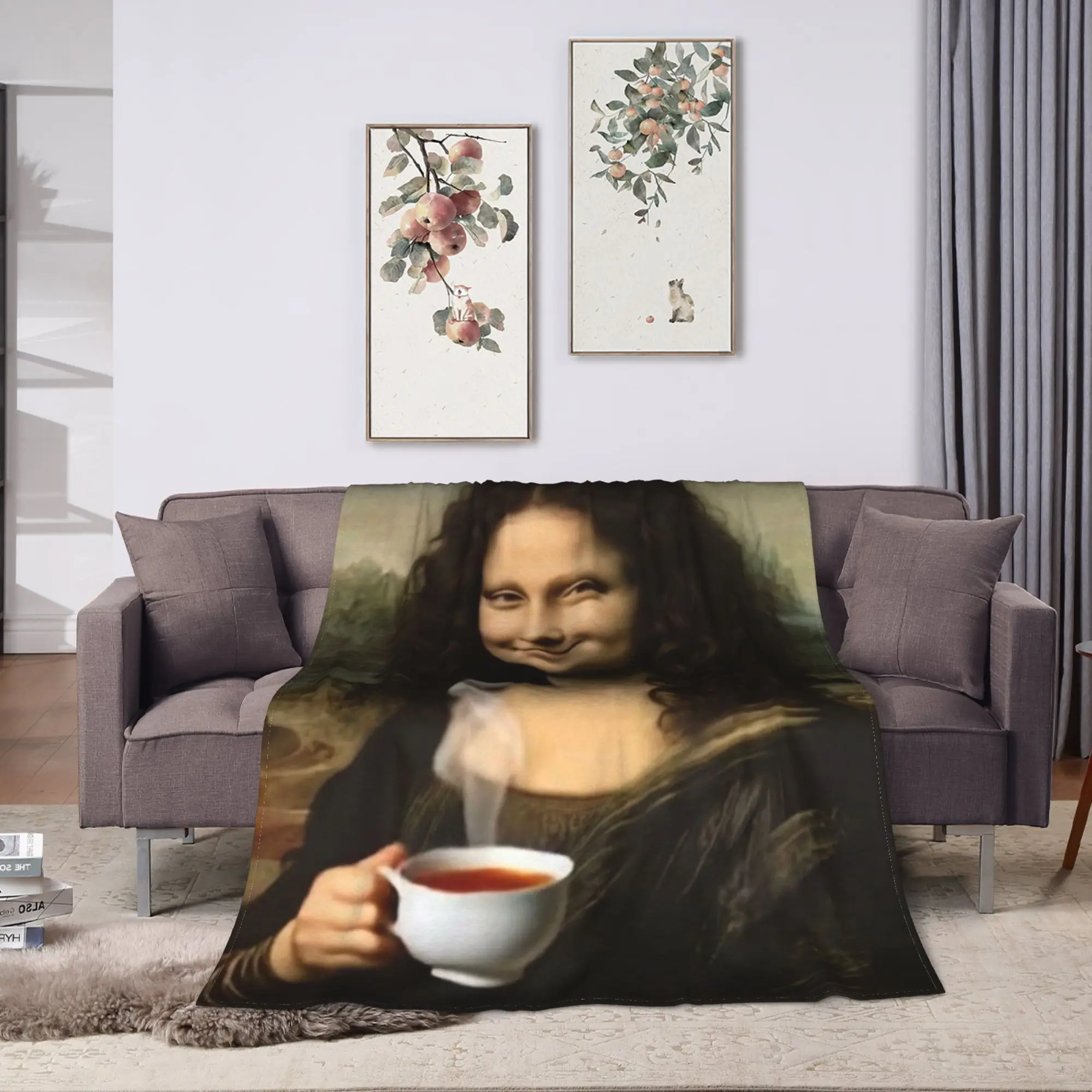 Funny Tea Time Mona Lisa Blanket Quality Comfortable  Throw Blanket Autumn Picnic Chair Sofa Bed Casual Bedspread