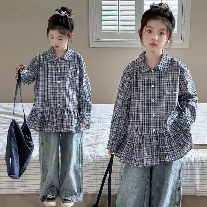 4-15 سنة الربيع والخريف الفتيات موضة منقوشة قميص 2026 النسخة الكورية الجديدة للأطفال عادية فضفاض كم طويل 110-170 سنتيمتر