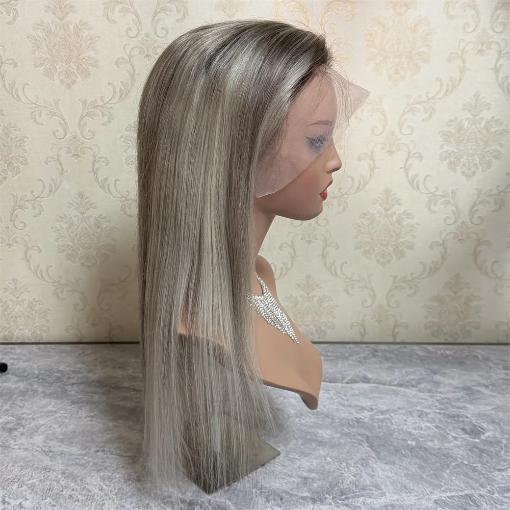 

Настоящие бразильские девственные волосы, прямой парик, выделенные блондинки, пепельные корни, HD кружевные парики для женщин, бесклеевой 13x4, кружевной фронтальный парик