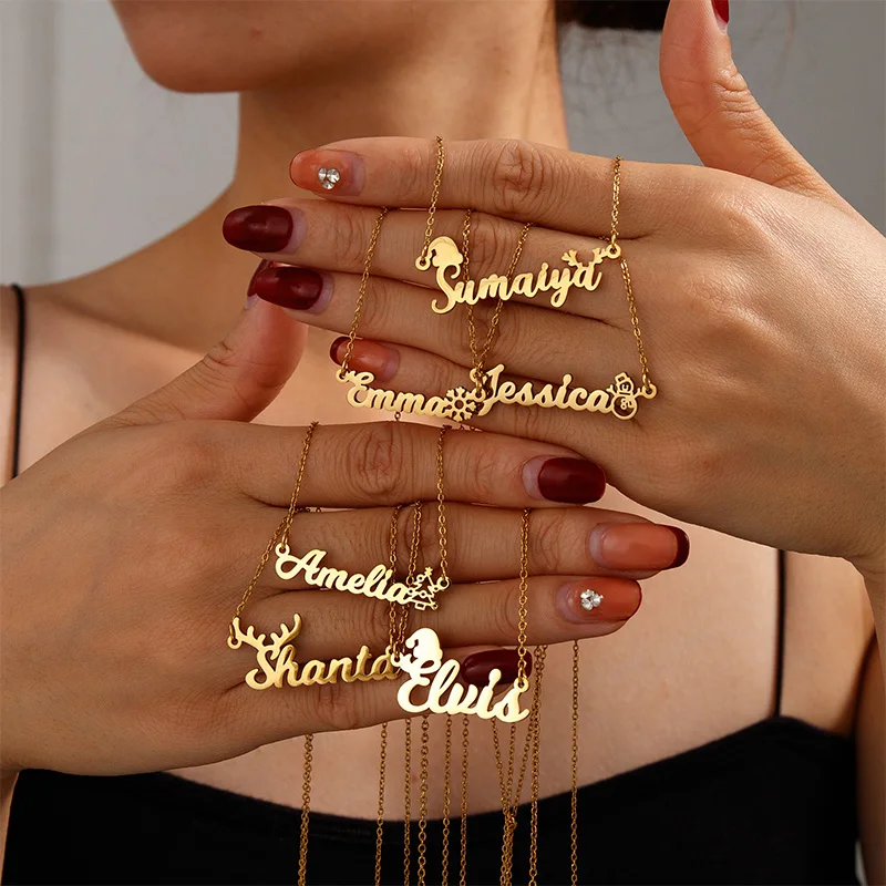 Auxauxme Custom Name Necklace Stainless Steel Personalized Snowflake Santa Hat Xmas Christmas Charms Letter Pendant Jewelry Gift