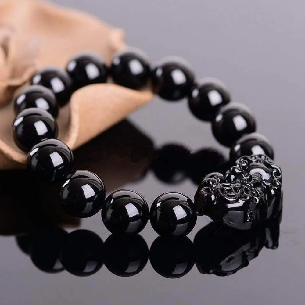 Fashion Versatile12mm Black Obsidian Pixiu Natural Crystal Round Bead Lucky Bracelets for Women Men Wealth Protection Jewelry