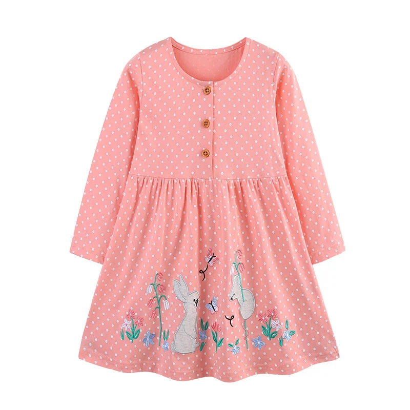 

Jumping Meters 2-7T Long Sleeve Embroidery Princess Girls Dresses 2025 Polka Dots Buttons Children's Clothes Party Kids Frocks