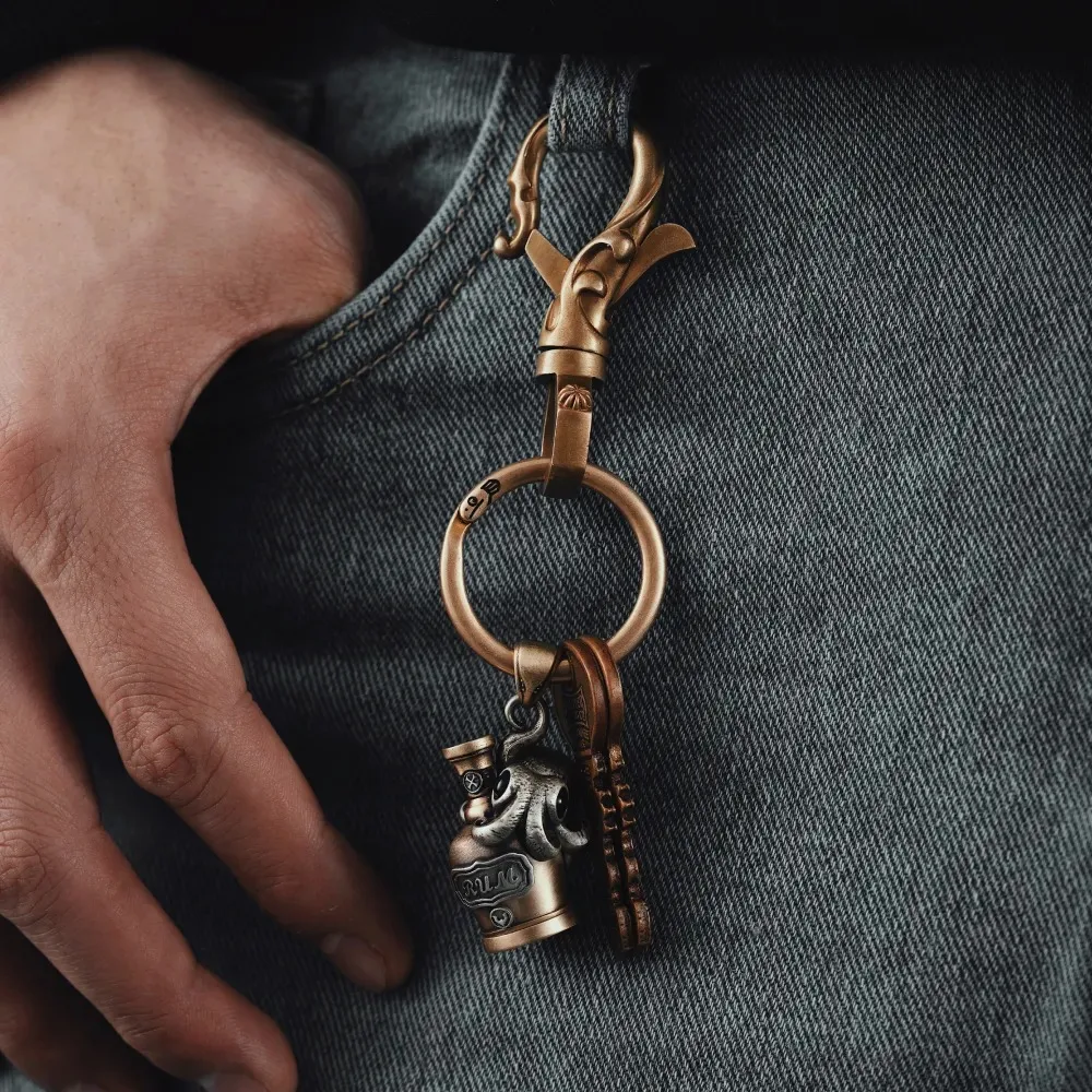 COPPERTIST.WU Snap Brass Keychain Flower-Patterned 360 Swivel Quick Release w Key Ring for Men Women
