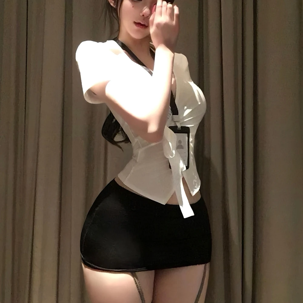 Sexy Secretary Lingerie Set Women Office Uniform Outfit V‑Neck Wrap Blouse Mini Bodycon Skirt Lanyard Role Play Uniform 2026 view 6