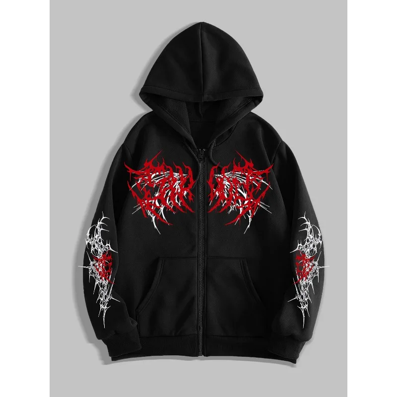 College Goth Dark Wings Printed Zipper Hoodie, a stylish streetwear zipper hoodie suitable for casual occasions
