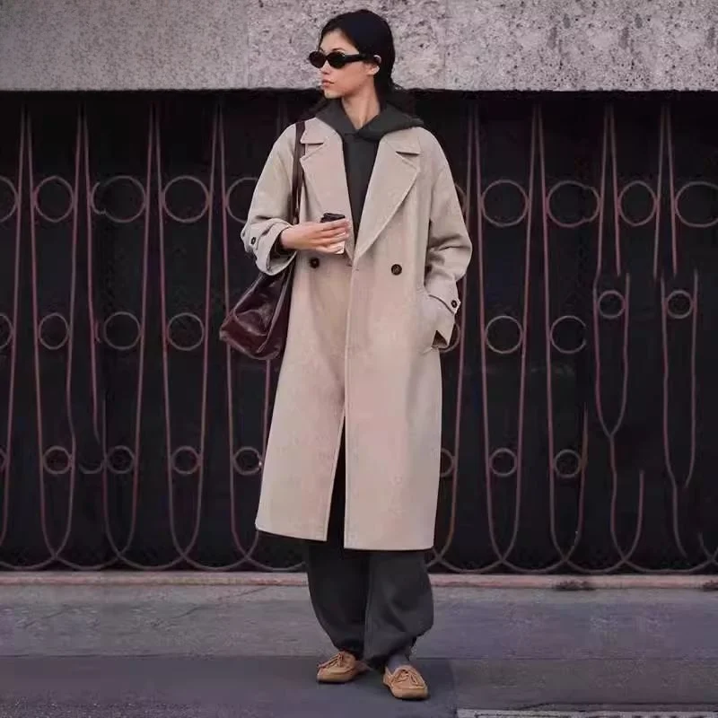 

New 2024 Women's Long Sve Oversized Coat Versatile Autumn Winter Faion Commute Straight Tube ape Double Button Pure Color