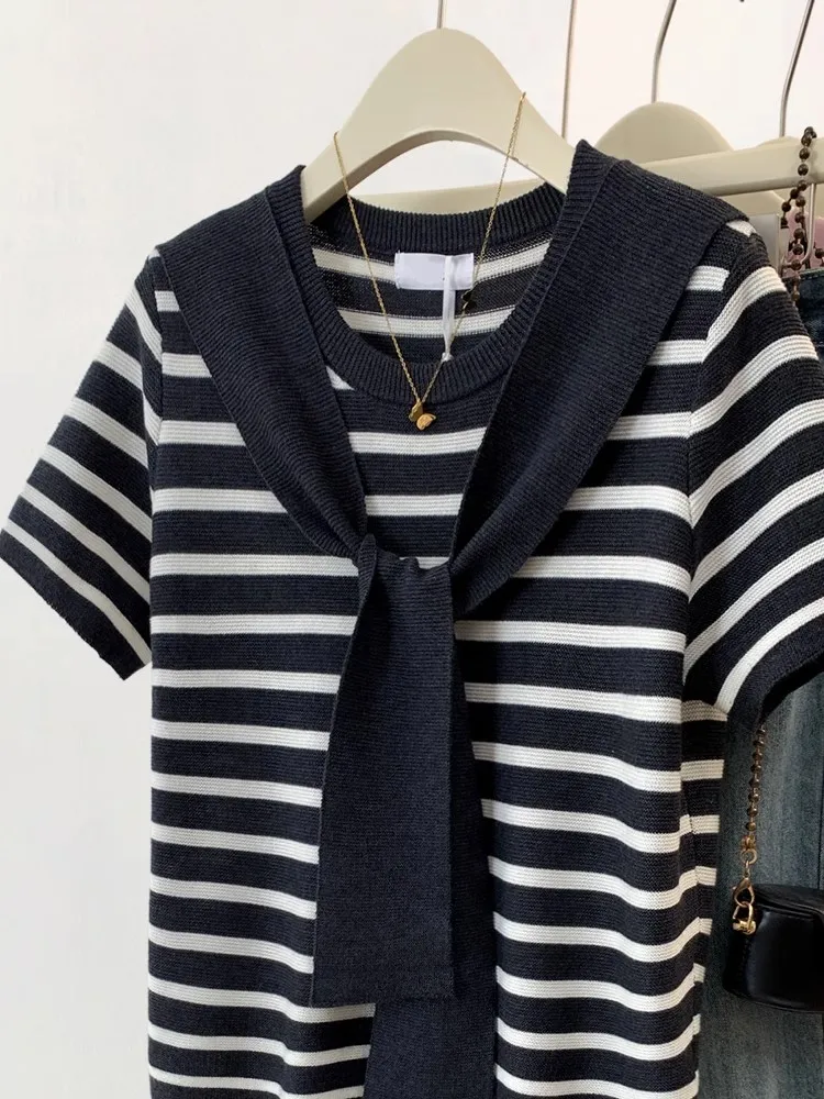 2025 verão novo manga curta malha topos design sentido nicho listra pulôver camiseta casual versátil solto topo