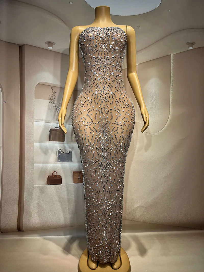 Temperament Sleeveless Long Performance Dress - Chest Wrapping Super Flash Full Diamond Sexy Hip-Wrapping, Slim Back Prom Dress