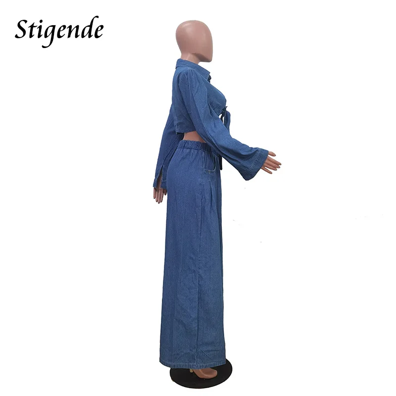 Stigende Loose Fit Denim 2 Piece Pants Set Women Long Sleeve Crop Top and Wide Leg Jeans