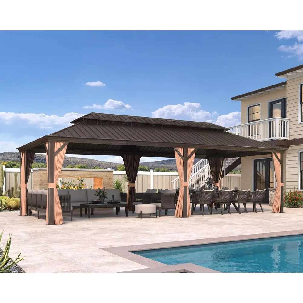 

12' X 26' Outdoor Hardtop Gazebo Patio Wide Aluminum Frame Galvanized Steel Double Roof with Heavy Duty Netting and Curtains