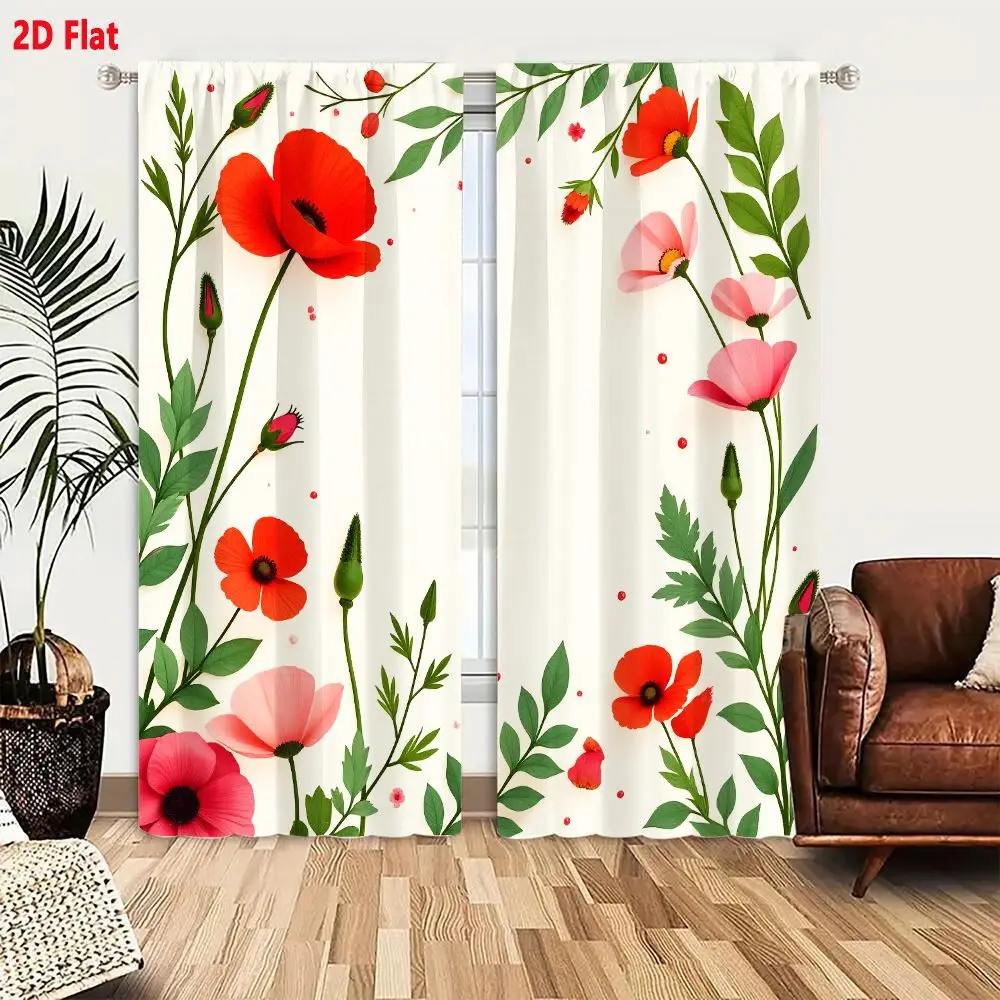 2Pcs Curtains 2D Flat Illustration Whimsical Floral Arrangement With Vibrant Red Poppies Pink Anemone-Like Flowers Green Leaves
