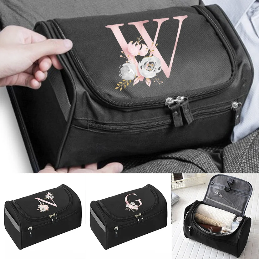 

Portable Cosmetic Storage Bag Toiletries Makeup Organizer Travel Hanging Zipper Pink-flower Pattern Handbag Wash Pouch Case