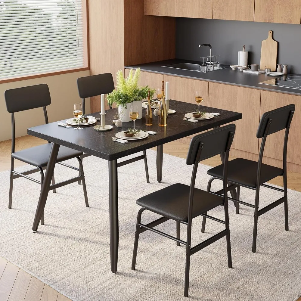 5 Piece Dining Table Set for 4, Modern Metal & Wood Kitchen Dinner Table with Chairs, Space-Saving, Perfect for Small Spa