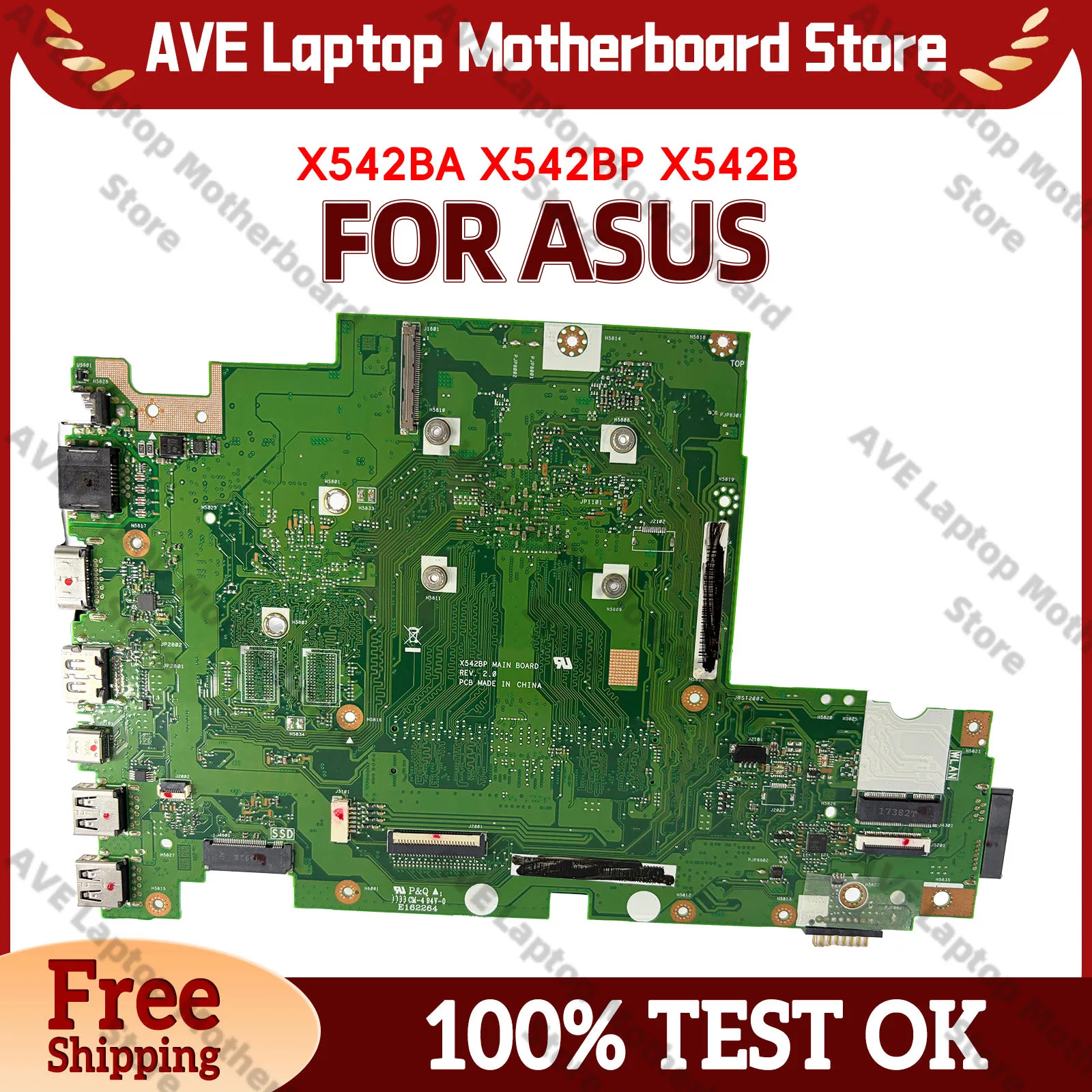 

X542BA Laptop Motherboard For ASUS VivoBook X542B A580B X542BA X542BP FL8000B Notebook Mainboard With A6 A8 A9 CPU 100% tests OK