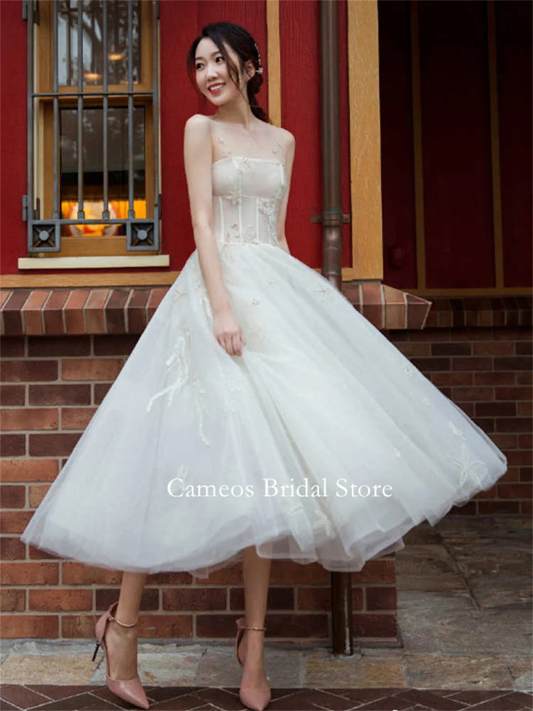 SONDR Fashion Korea Spaghetti Straps Short Tulle T-Length Wedding Dresses Photo Shoot Corset Customized Bridal Gown