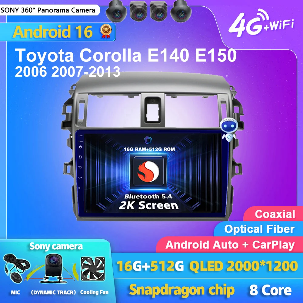 Android 16 Carplay Auto 2K Screen Car Radio Multimedia Player For Toyota Corolla E140 E150 2006-2016 Autoradio Stereo Head Unit