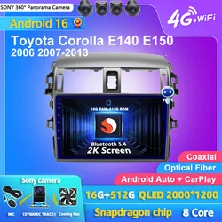 Android 16 Carplay Auto 2K Screen Car Radio Multimedia Player For Toyota Corolla E140 E150 2006-2016 Autoradio Stereo Head Unit
