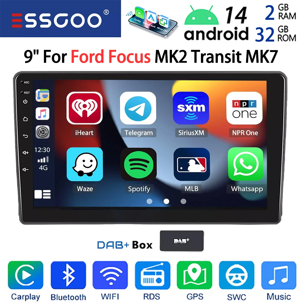 ESSGOO 9" HD Scherm Android 14 Autoradio met Draadloze CarPlay Android Auto voor Ford Transit MK7 Focus Galaxy Connect Fiesta Kuga GPS Navigatie WiFi FM Bluetooth Mirror Link Multimedia Speler