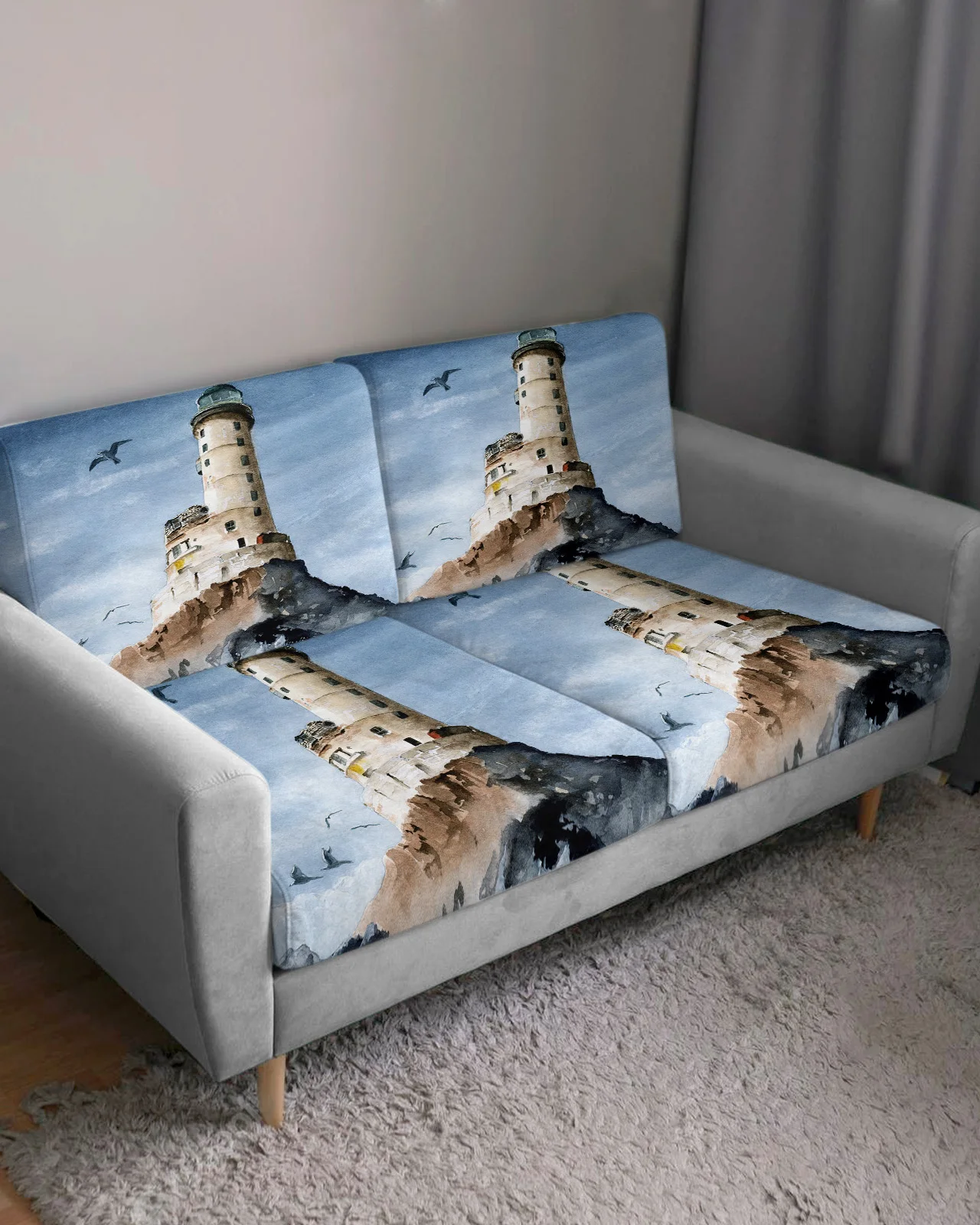 Lighthouse Island Vintage Watercolor Sofa Seat Cover for Living Room Elastic Sofa Cushion Cover Furniture Protector for Home