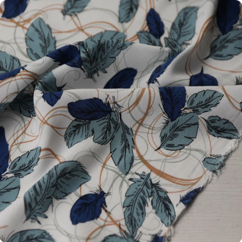 

Lightweight blue-green feather print fabric tencel-cotton linen texture designer diy polyester fabric