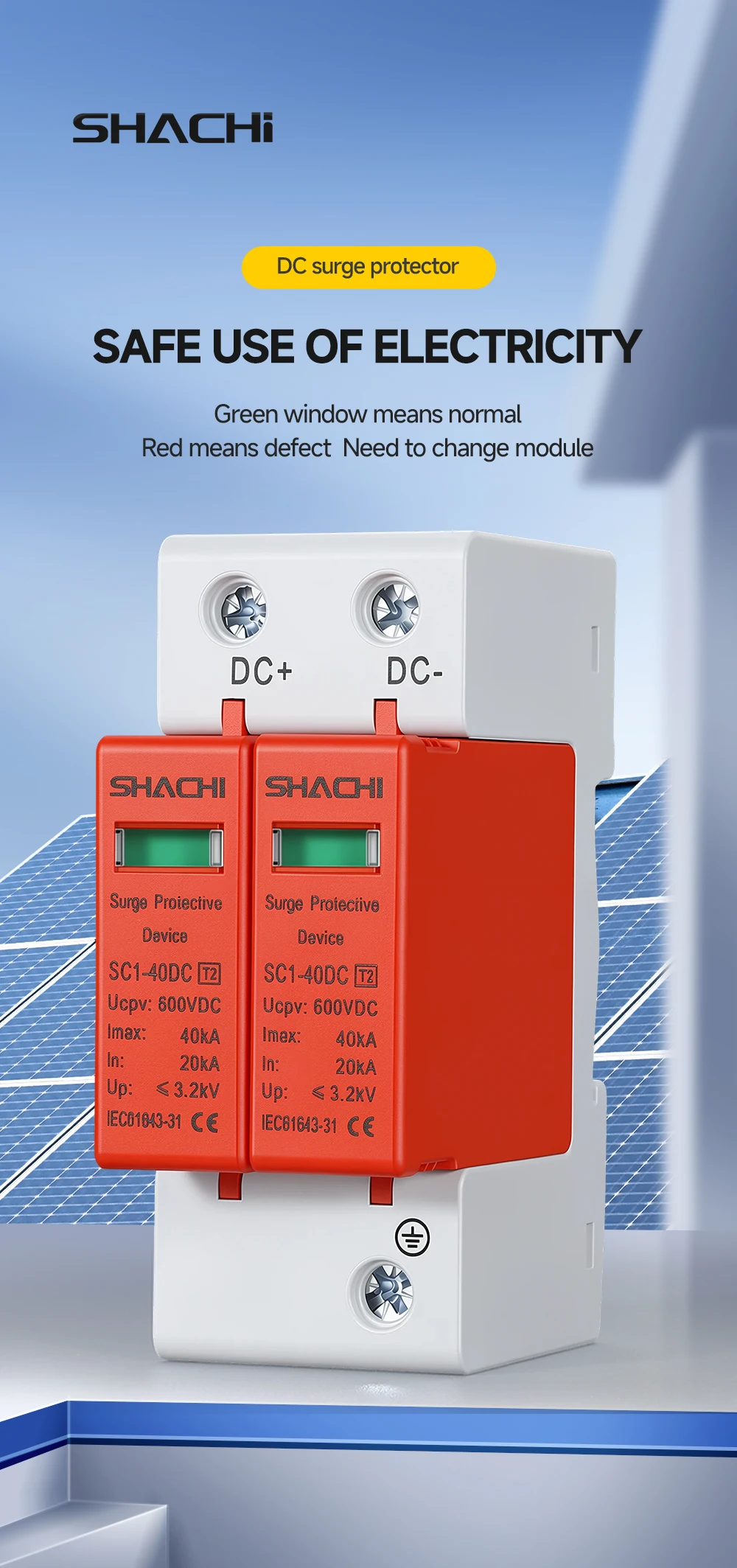 2P DC Überspannungsschutzgerät 20KA 40KA Solar-PV-Photovoltaik-Blitzableiter 500V 600V 800V 1000V Spannungsschutz – Detail 1
