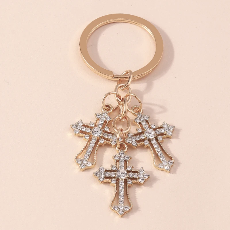 Aihua Schillernder Kristall-Kreuz-Schlüsselanhänger für Damen und Herren, goldfarben, religiöser Jesus-Kruzifix-Schlüsselanhänger, christlicher Schmuck – Detail 4