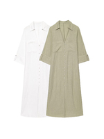 TRZA Women's Linen Blend Shirt Dress with Patch Pockets Lapel Collar Three-Quarter Sleeves Fashion Female Vestidos Mujer