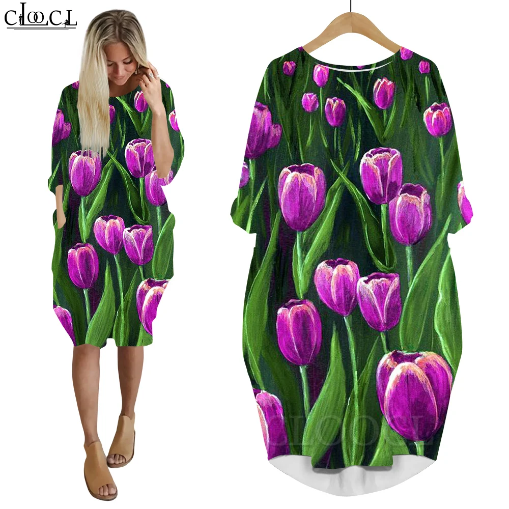 

CLOOCL Fashion Dresses Loose Casual Charming Tulips 3D Printing Dress Long Sleeve Beauty Robe Oversized Women Clothing