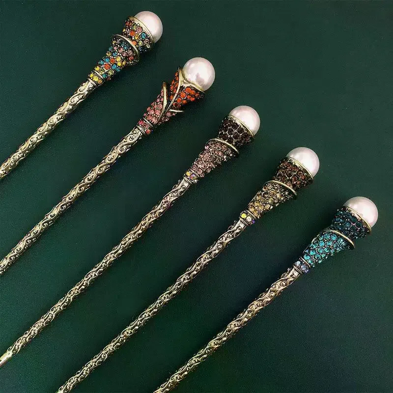 Antique Gold Carved Hair Stick Faux Pearl Colorful Rhinestones For Hanfu Weddings Parties Daily Hair Decor