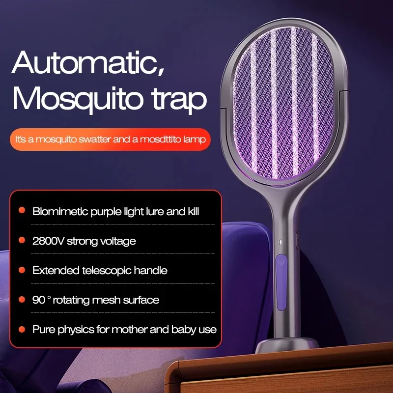 Telescopic Electric Mosquito Swatter & UV Trap Lamp, Extendable 109cm, Safe Physical Killer, Rechargeable, Wall Mount No Gap