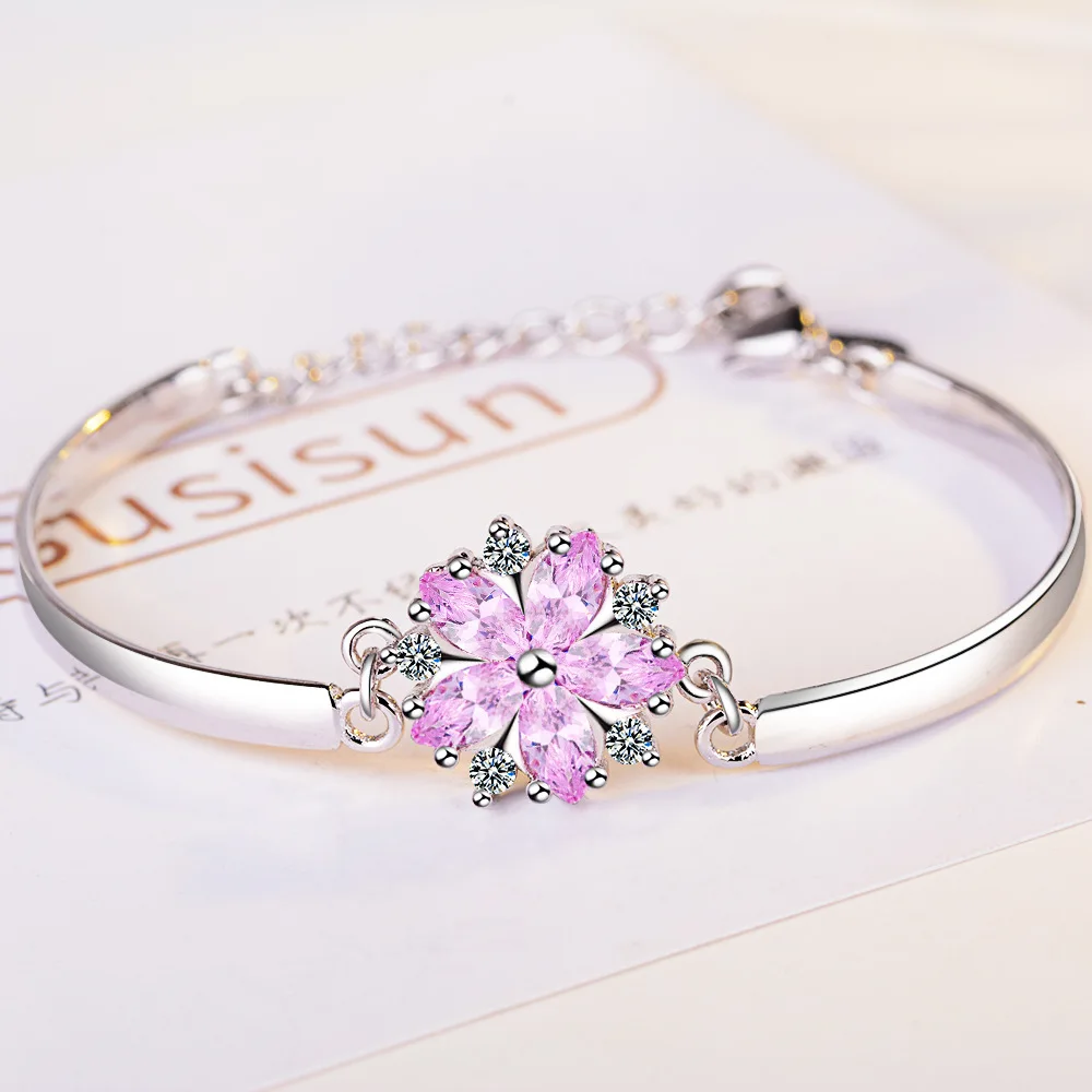 

925 Sterling Silver Pink Crystal Vintage Plum Blossom Flower Bracelet Bangle For Women Female Wedding Engagement Birthday Gift