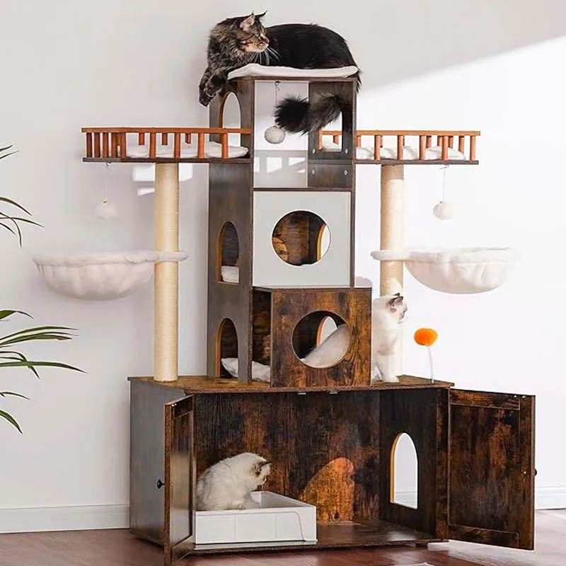 WL Modern Rustic Brown HCT110SR Indoor Cat Tree Heavy Duty 20-lb Cat Tower with Litter Box Enclosure Scratching Posts Large Cats