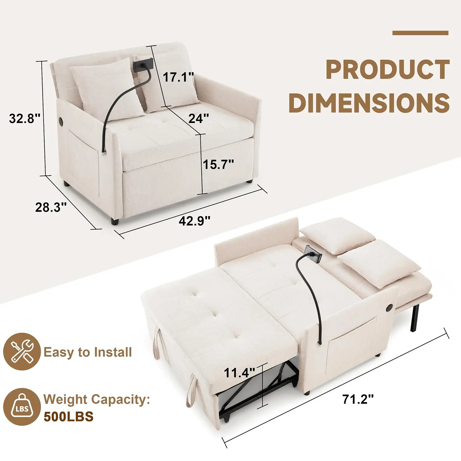 Loveseat Sleeper Sofa Pull Out Bed Beige Living Room 2 Seater, Customized