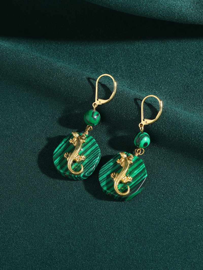 Vintage Malachite Gecko Drop E - Vintage Fashion Jewelry Brands review and price
