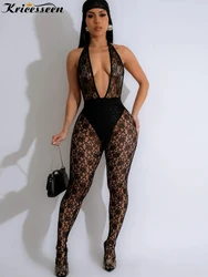 Kricesseen-Ensemble de lingerie en dentelle florale pour femme, legging transparent, pantalon noir dos nu, tenues sexy, 3 pièces