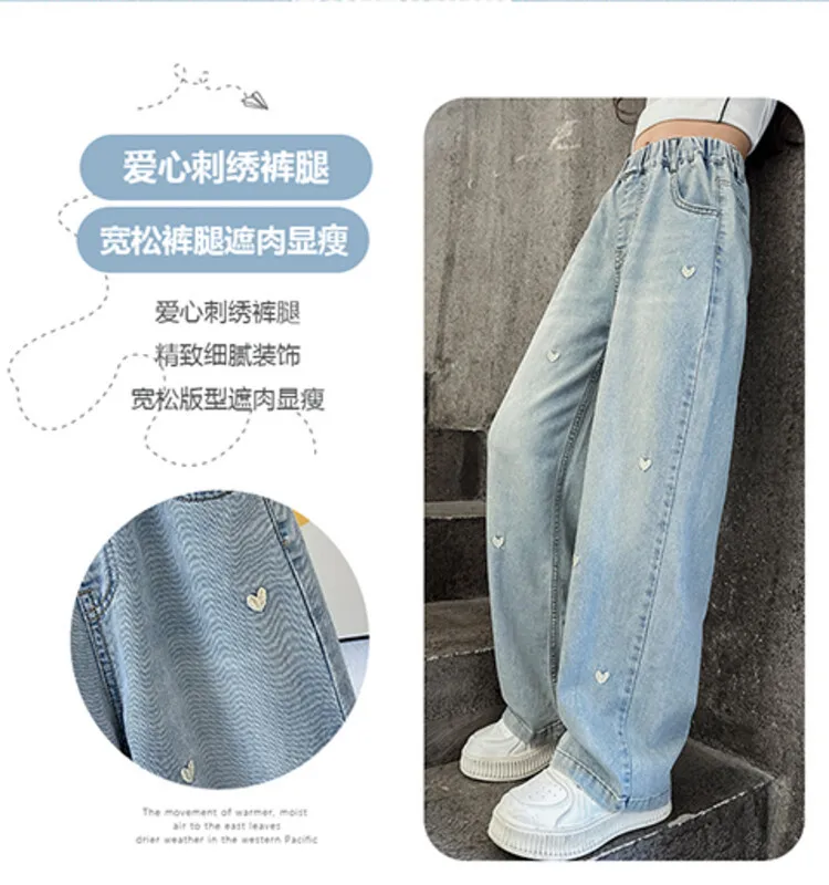 Neue Sommer-Jeans für Mädchen, leicht und atmungsaktiv, mit kleiner Herz-Stickerei, mückensichere Hose für Teenager-Mädchen im Alter von 4 bis 14 Jahren – Detail 3