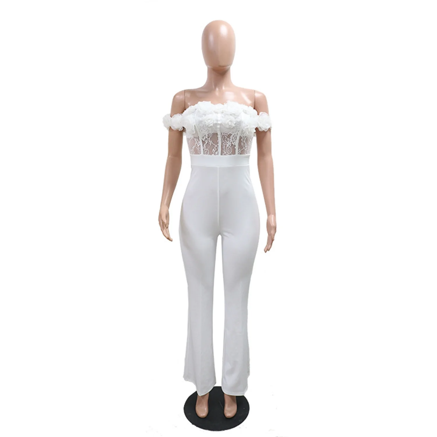 EINY 세련된 우아한 레이스 3D 꽃 Bodycon 점프 슈트 여성 민소매 백리스 플레어 바지 원피스 Romper 여성 streetwear 오버올