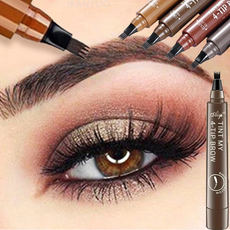 Crayon à sourcils 4 points, liquide imperméable, noir, marron, stylo de tatouage, 4 pointes fendues, maquillage, cosmétique longue durée