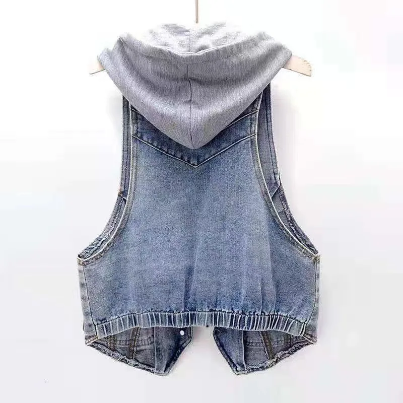 Spring Autumn Fashion Hooded Short Denim Vest Women's Top Loose Korean Version Hooded Vests Jacket Ladies Slim Waistcoat Traf