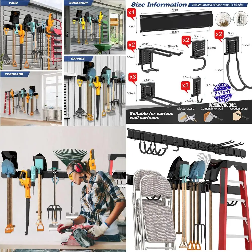 

Durable Wall-Mounted Garage Storage Rack with 12 Double Hooks and 4 Rails for Tool and Garden Organization