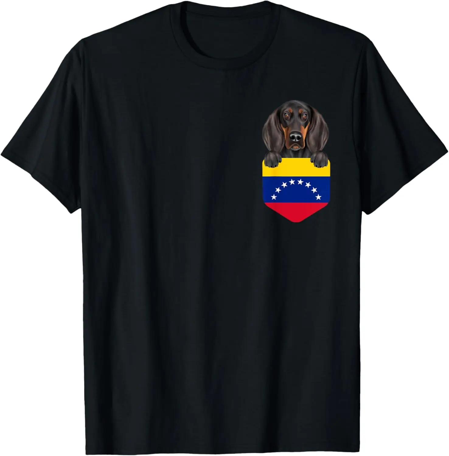 Venezuela Flag Black and Tan Coonhound Dog In Pocket T-Shirt