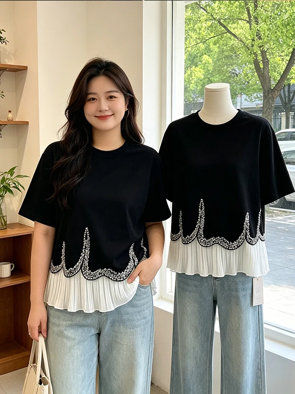plus Size Loose round Neck Splice Sequin Short Sleeve T-Shirt Summer New Style Fashionable All-Match Casual Women's Top