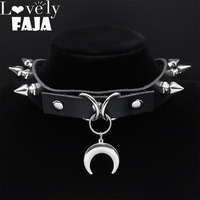 Punk Crescent Moon Harajuku Choker Goth Rivet Necklace Stainless Steel Pendant Pu Leather Chain Gothic Black Necklace Jewelry