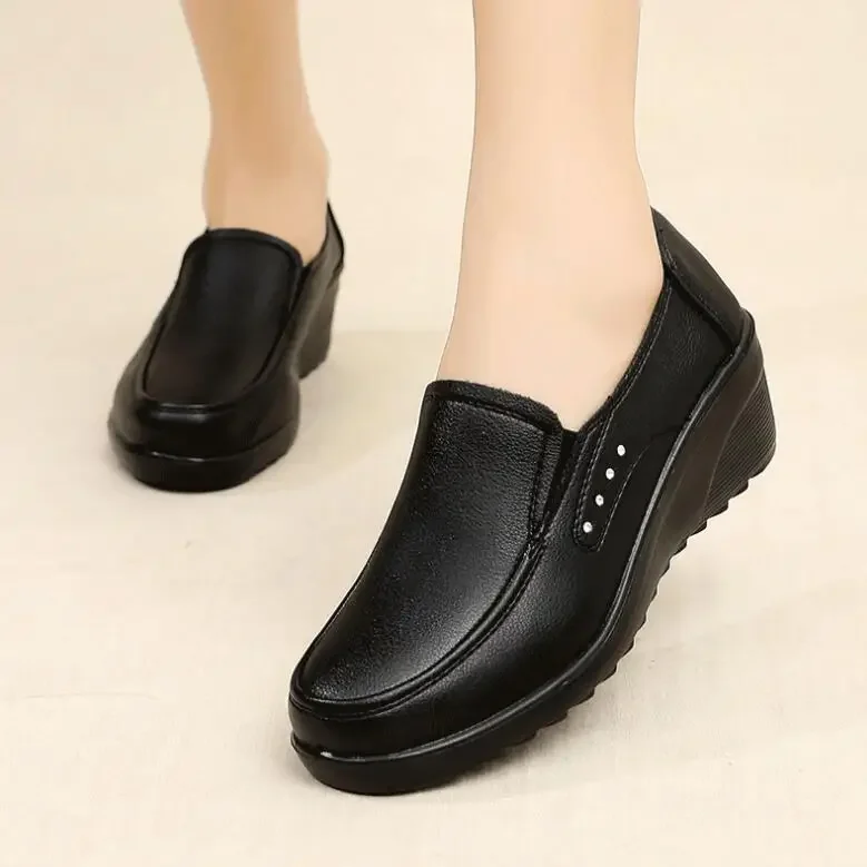 Women's Shoes Spring Autumn New Fashion Woman Pu Leather Wedge Single Casual Shoes Black Female Slip on Soft Outsole Work Shoes