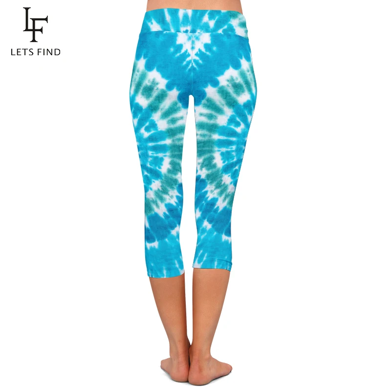 LETSFIND New Women Stretch Capri Pants Blue Tie-dye Print High Waist Mid-Calf Casual Fitness Leggings