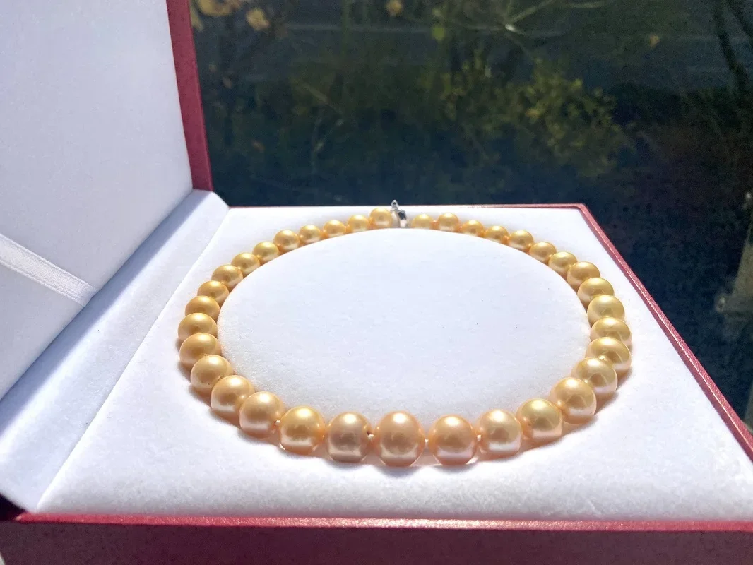 Genuine 12-14mm Natural gold Golden Color Pearl Necklace for Women Luster Luxury Fine Jewelry